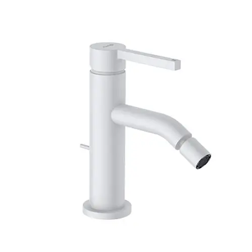 Bidetarmatur von Kludi in Mattweiß mit abgerundetem Auslauf und einem Hebel. Mit Zugstange zur Steuerung des Wasserflusses.